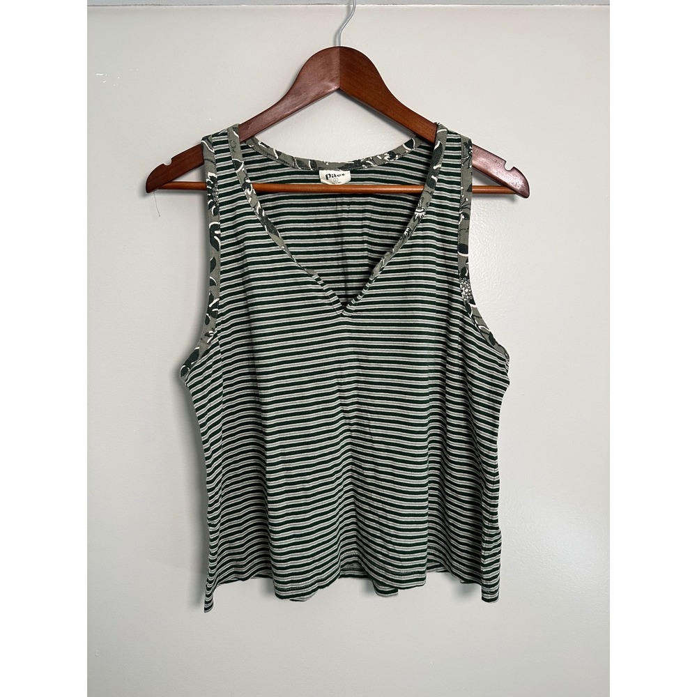 Pact Staycation Sleep Tank Top Women L Green Striped EUC Organic Cotton V-Neck
